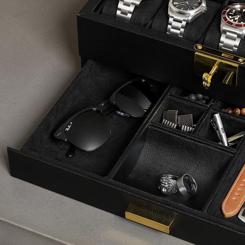 ROTHWELL 10-Slot Watch Box in Leather with Valet Drawer, Luxury Watch Case Display Organizer with Ultra Soft Microsuede Liner, Jewelry and Sunglass Holder With Large Glass top (Black/Black) - Image 5